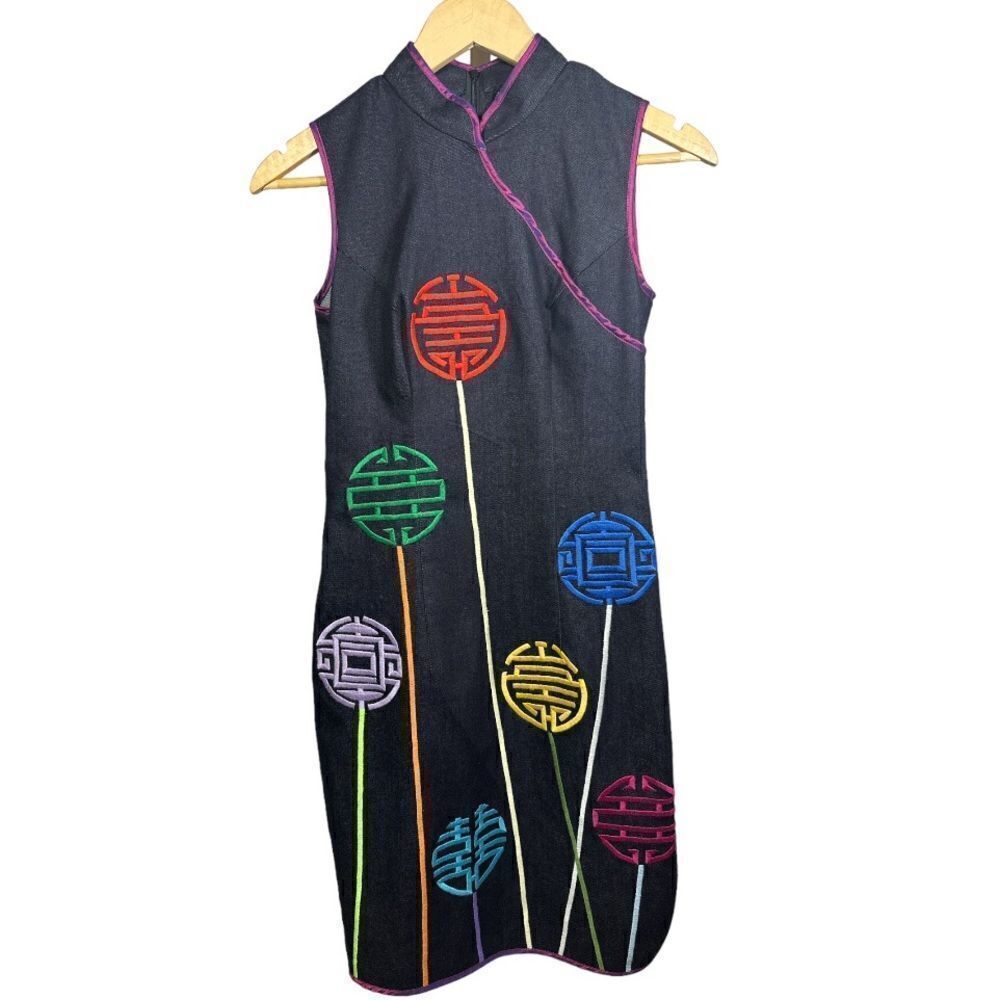 CHULA Women's Colorful Hanoi Circles Patchwork Denim Mini Dress Blue Extra Small